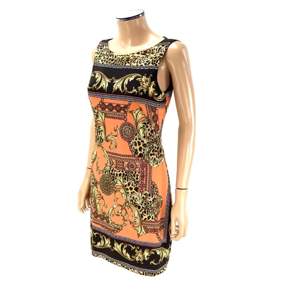 CACHE Sleeveless Sheath Dress SIZE 8 Coral Cocoa Leopard Gold Baroque Print NWT - Picture 9 of 12